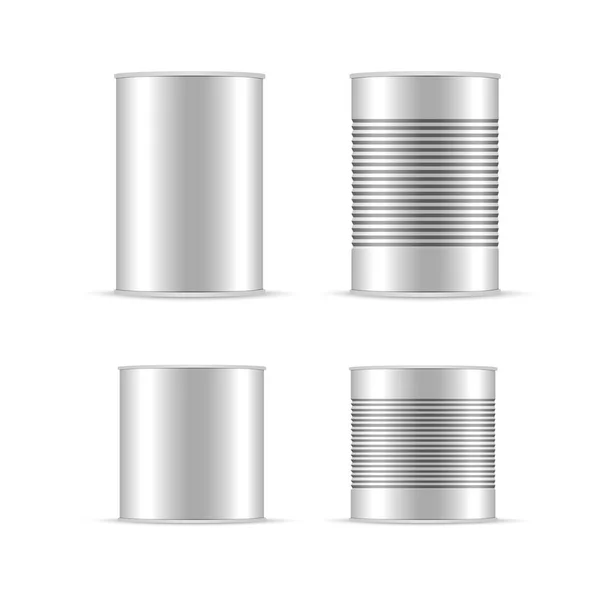 Conjunto de lata branca e metálica com tampa branca. Banco conserva objeto, Banco sinal de comida, Vector ilustração realista — Vetor de Stock