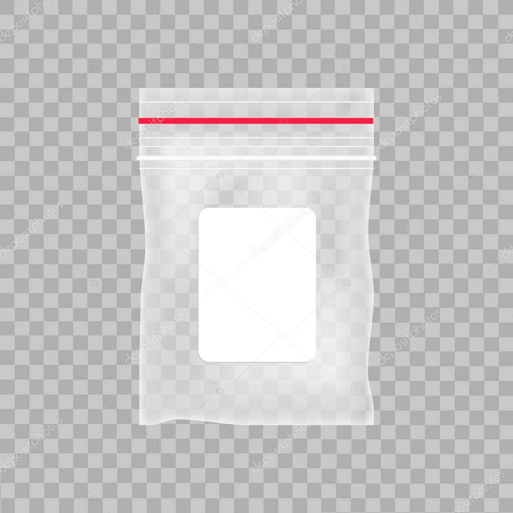 Empty transparent plastic pocket bag. Blank vacuum zipper bag  on the transparent background. Vector illustratio