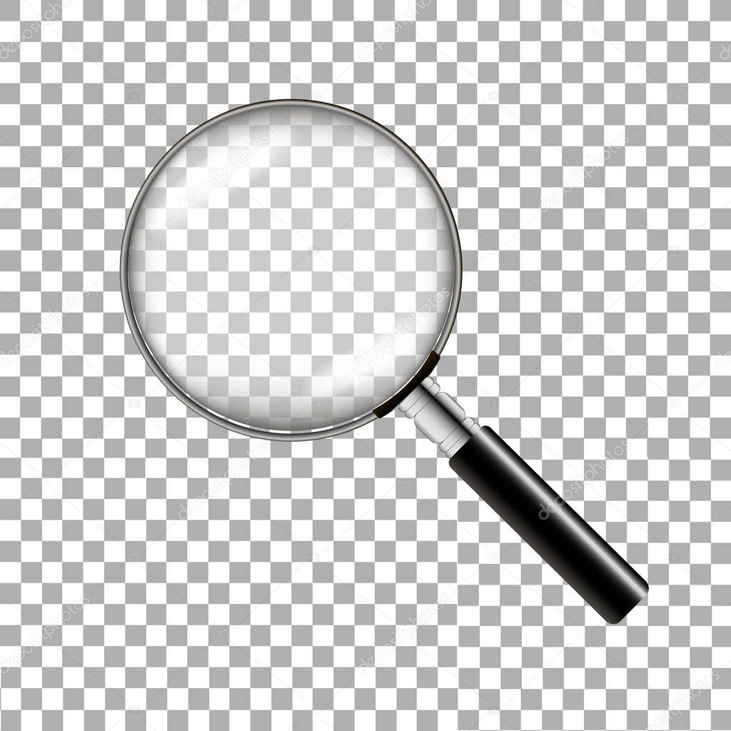 Realistic magnifying glass on transparent background. Vector illustration