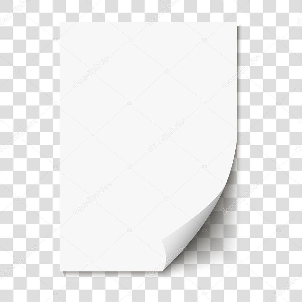White page curl on empty sheet paper with shadow. Realistic blank folded page on transparent background. Vector illustration