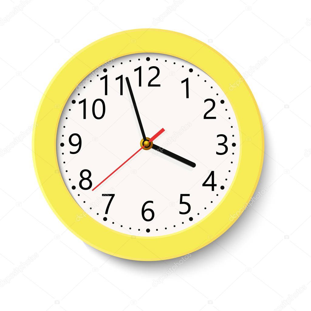 Classic yellow round wall clock isolated on white . Vector illustration