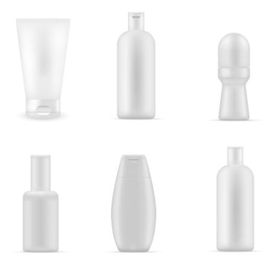 Boş kozmetik paket koleksiyonu. Güzellik ürünleri gerçekçi kümesi üzerinde beyaz adam izole paketleri