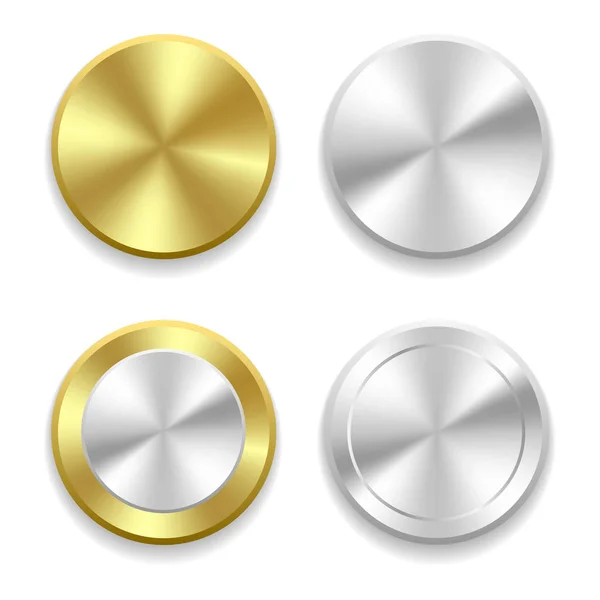 Botón realista de oro y plata con procesamiento circular. Ilustración vectorial — Vector de stock