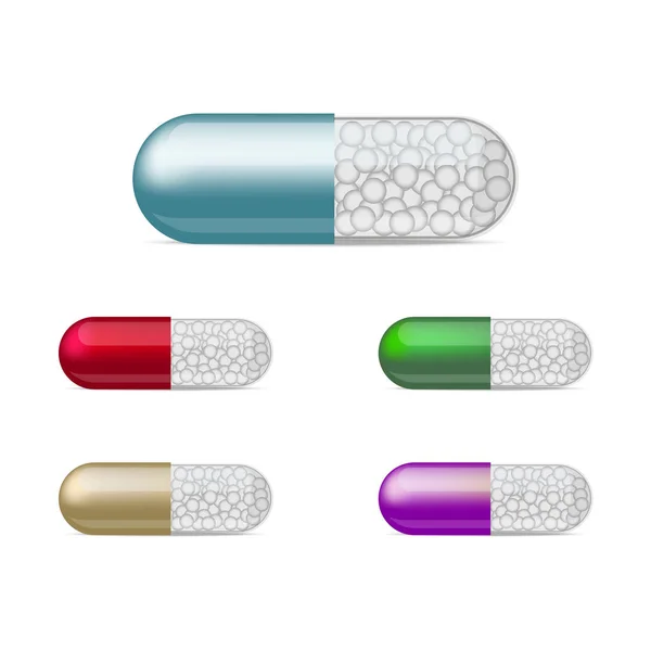 Set of medical capsule with granules. Vector illustration — Stock Vector