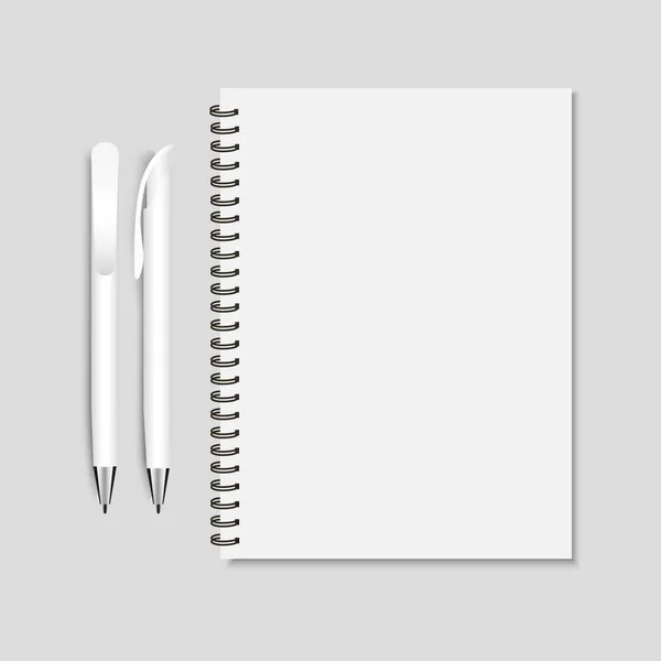 Realistische witte pen en spiraal Kladblok mockup vectorillustratie — Stockvector