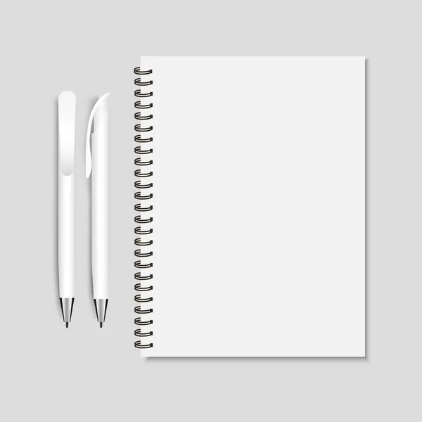 Reális fehér toll és spirál Jegyzettömb makett vektoros illusztráció — Stock Vector