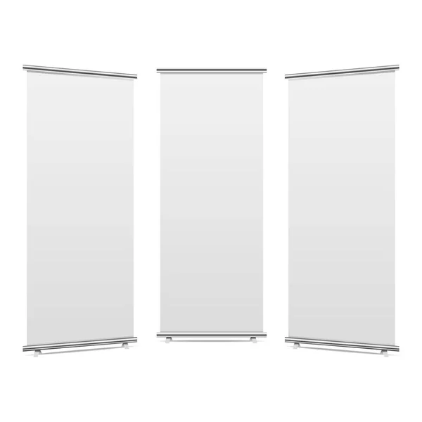 Boş beyaz roll-up banner stand üzerinde izole beyaz zemin. Vektör çizim