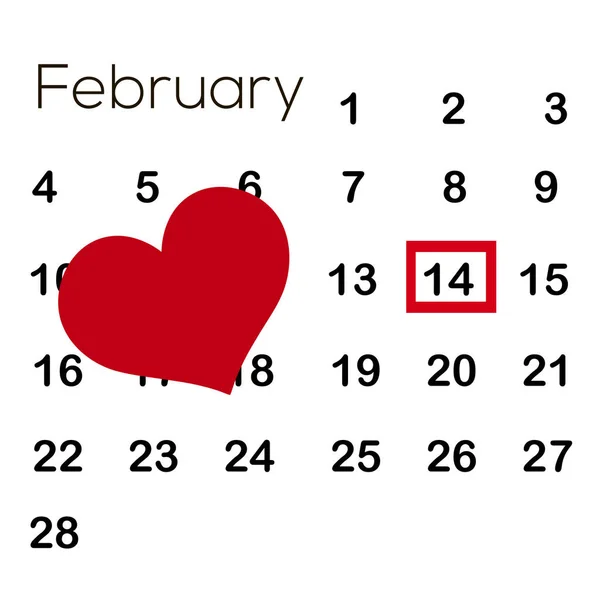 Calendario con corazón rojo. Día de San Valentín. 14 de febrero. Vector — Vector de stock