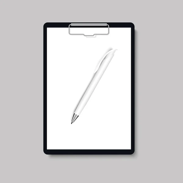 Realistische Klemmbrettmappe mit leerem weißen Blatt Papier und Stift-Attrappe. Vecto — Stockvektor