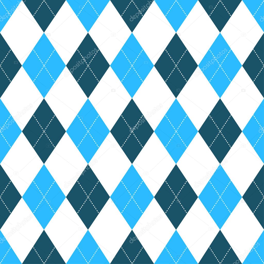Seamless argyle pattern in shades of blue with white stitch. Vector illustration