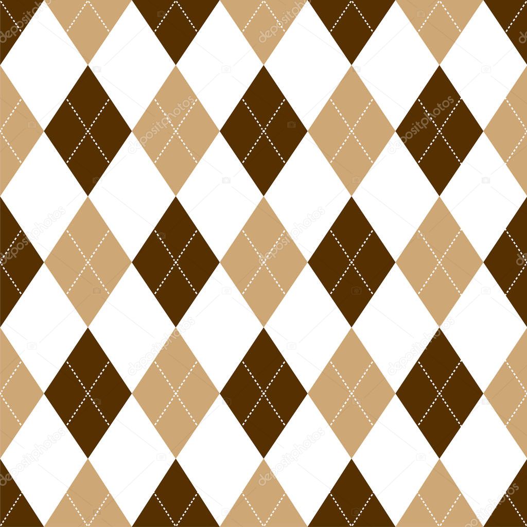 Seamless argyle pattern in shades of dark brown with white stitch. Vector illustration