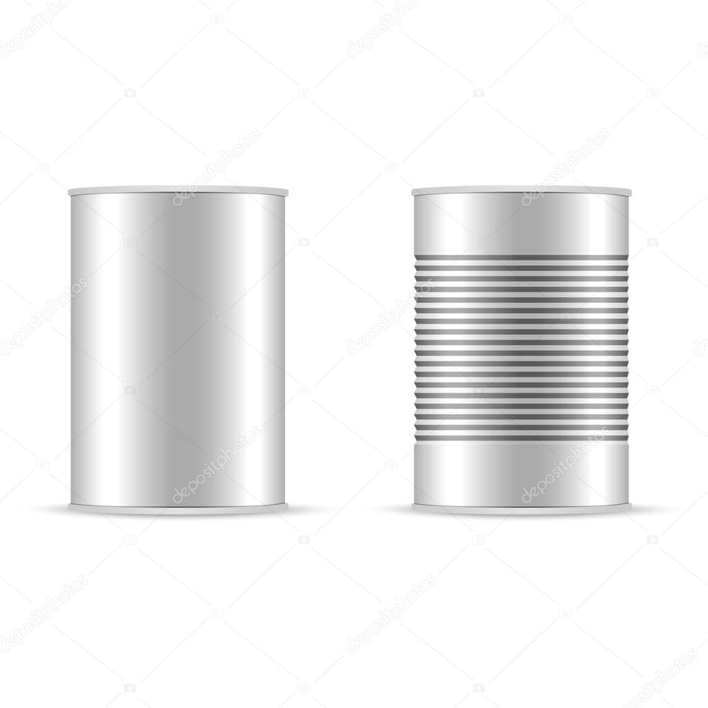 Set of white and metallic tin can with white cap. Bank canning object, Bank food sign,  Vector realistic illustration.