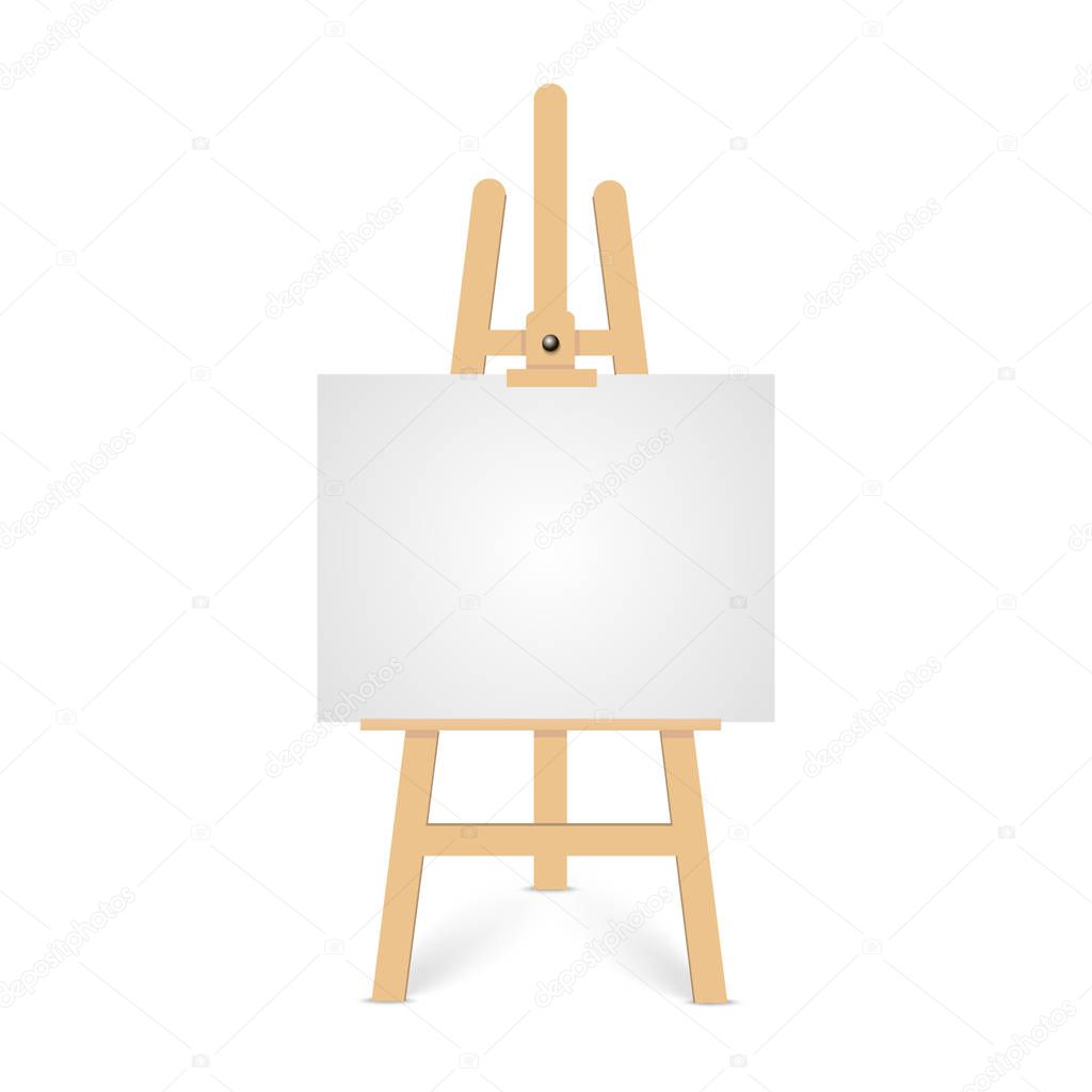 Wooden brown easels with mock up empty blank square canvases. Isolated white on background