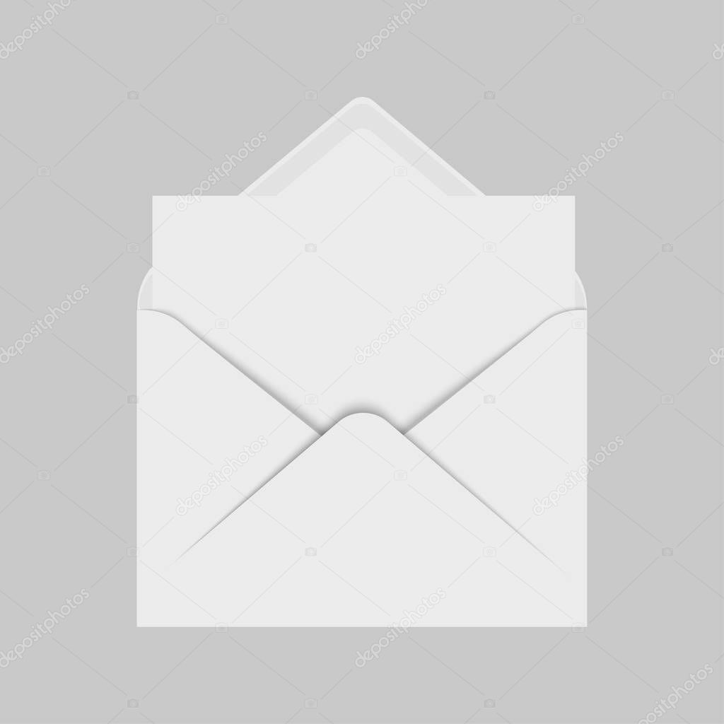 Realistic mockup open white envelope with invitation card. Vector illustration