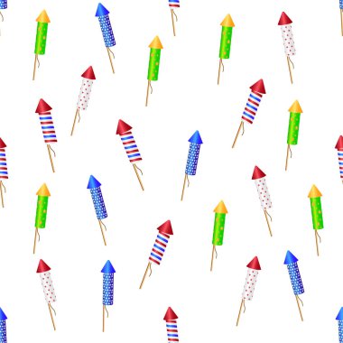 Seamless pattern of bright glossy exploding rockets endless texture on white. Illustration of colourful fireworks New Year decorations in cartoon style. clipart