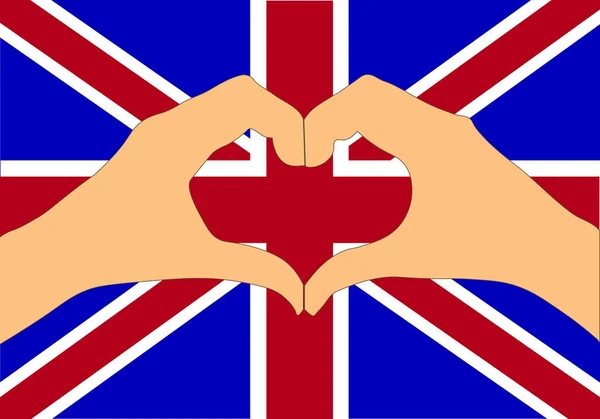 Векторная иллюстрация флага Великобритании и рук, создающих форму сердца — стоковый вектор