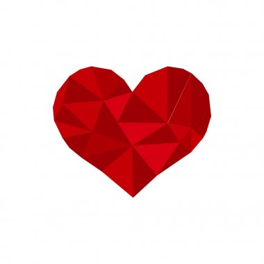 Gölge ile beyaz zemin üzerine kırmızı origami kalp. Vektör çizim. Soyut poligonal kalp. Aşk sembolü. Düşük Poli renkli stil. Sevgililer günü için romantik arka plan