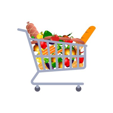 Simge vektör çizim alışveriş. Farklı sebze, ekmek, sucuk, salam beyaz arka plan üzerinde ile alışveriş arabası
