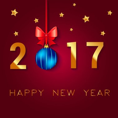 Mutlu yeni yıl 2017 metin tasarım. Resimde Noel topları yay ve yıldız tebrik vektör