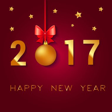 Mutlu yeni yıl 2017 metin tasarım. Resimde Noel topları yay ve yıldız tebrik vektör