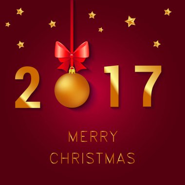 Mutlu yeni yıl 2017 metin tasarım. Resimde Noel topları yay ve yıldız tebrik vektör