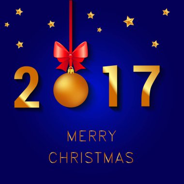 Mutlu yeni yıl 2017 metin tasarım. Resimde Noel topları yay ve yıldız tebrik vektör