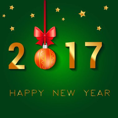 Mutlu yeni yıl 2017 metin tasarım. Resimde Noel topları yay ve yıldız tebrik vektör