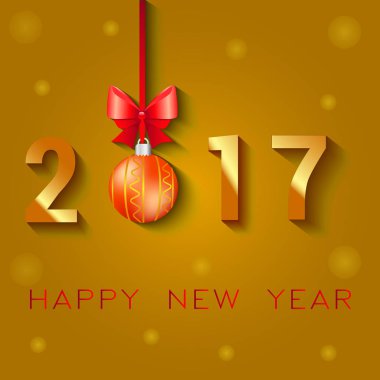 Mutlu yeni yıl 2017 metin tasarım. Resimde Noel topları yay ve yıldız tebrik vektör