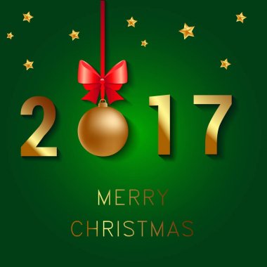 Mutlu yeni yıl 2017 metin tasarım. Resimde Noel topları yay ve yıldız tebrik vektör