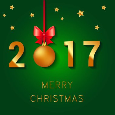 Mutlu yeni yıl 2017 metin tasarım. Resimde Noel topları yay ve yıldız tebrik vektör