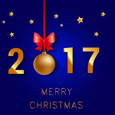 Vektör çizimi Merry Christmas altın rengi ve siyah metin Noel topları, yıldız ve kar tanesi için mavi collors yer. Tebrik kartı