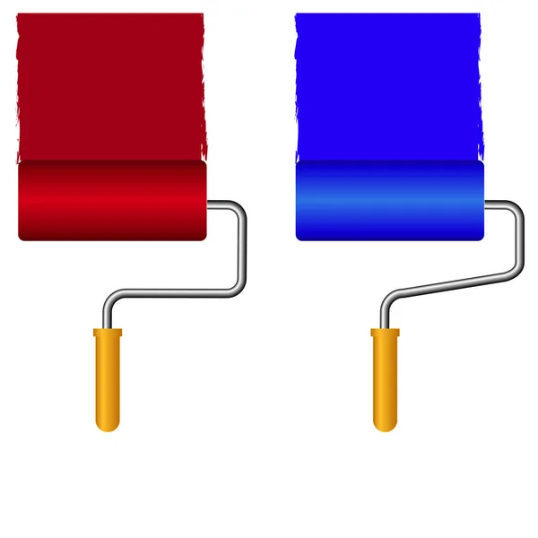 Spazzola a rullo blu e rossa con traccia di vernice. disegno piatto illustrazione vettoriale. Modello vuoto per il testo — Vettoriale Stock