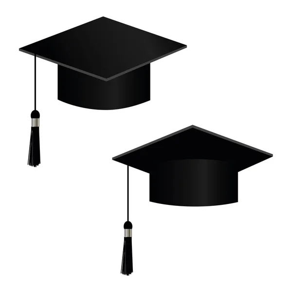 Casquettes universitaires avec illustration vectorielle de pompon. Chapeau de remise des diplômes pour la cérémonie, chapeaux noirs universitaires — Image vectorielle