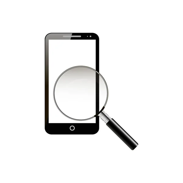 Förstoringsglas på din smartphone. Söka i smartphone. Vektorillustration — Stock vektor