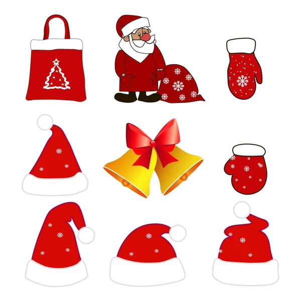 Weihnachtsmann mit Mütze, Handschuhen, Tasche und goldener Glocke mit roter Schleife. Vektorillustration — Stockvektor