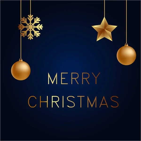 Illustrazione vettoriale di Buon Natale oro e colletti blu neri luogo per il testo palle di Natale, stelle e fiocco di neve. Biglietto d'auguri — Vettoriale Stock