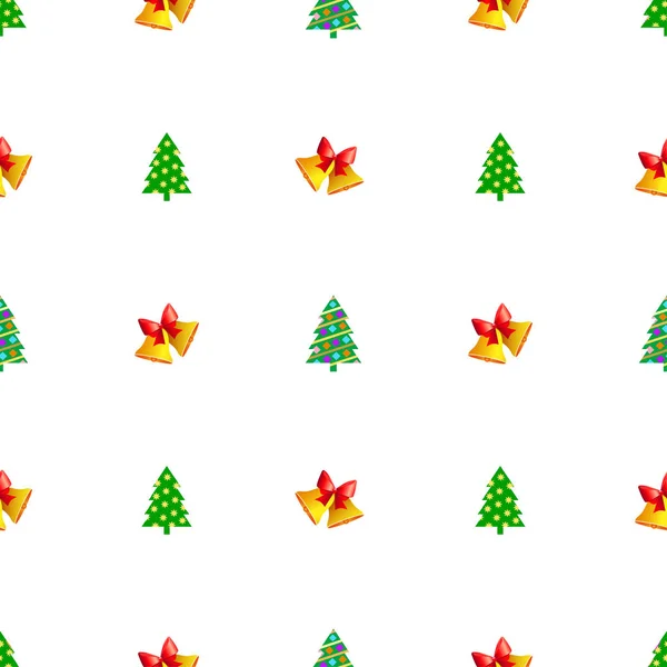 Рождественская елка с красочными шарами и ярко-желтой звездой на вершине бесшовной картины. Вечно зеленое дерево на деревянном стебле. Рождественская игрушка в простом карикатурном дизайне. Дизайн обоев бесконечная текстура. Вектор — стоковый вектор