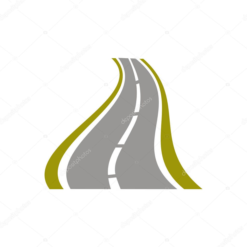 Winding paved road icon on white background. For travel or transportation theme