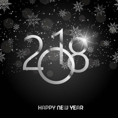 Mutlu yeni yıl tebrik gümüş metin ve kar siyah arka plan üzerinde parlayan ile kartı. 2018 vektör