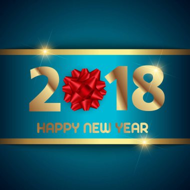 Mavi arka plan üzerinde mutlu yeni yıl arka plan kırmızı yay. Vektör