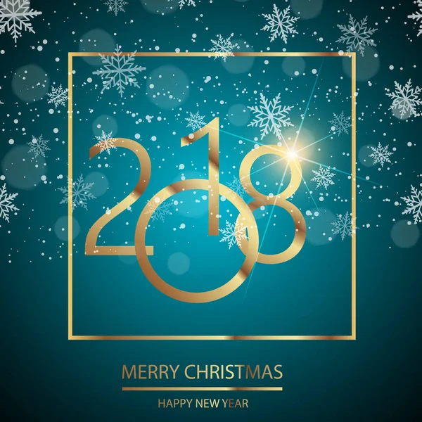Feliz Ano Novo cartão de saudação com texto dourado brilhante e neve no fundo azul. 2018 Vetor — Vetor de Stock