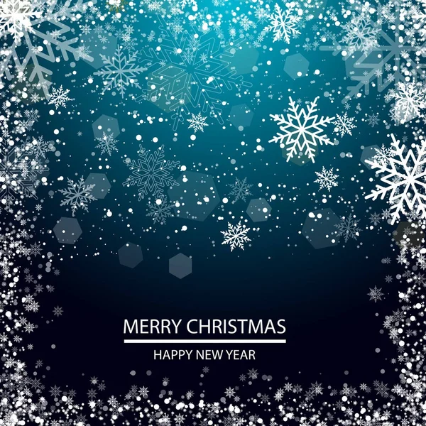 Tarjeta de felicitación navideña con copos de nieve sobre fondo azul. Vector — Vector de stock