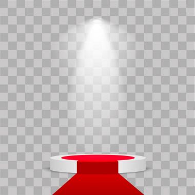 Yuvarlak Sahne Podyum şeffaf arka plan ışık ile aydınlatılmış. Sahne vektör zemin. Ödül töreni kırmızı halı ile şenlikli podyum sahne. Vektör çizim