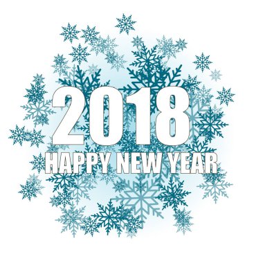 Mutlu yeni yıl tebrik beyaz metin ve beyaz arka plan üzerinde kar parlayan ile kartı. 2018 vektör.