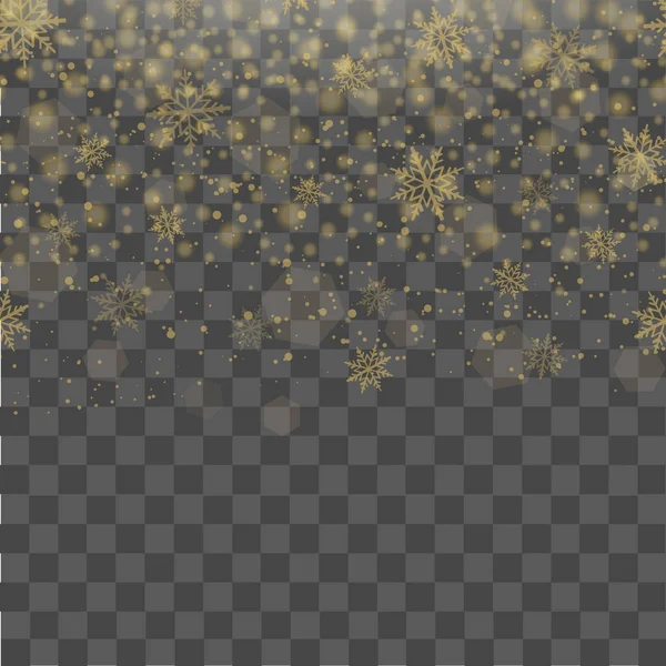 Navidad y Año Nuevo fondo transparente con la caída de copos de nieve de oro. Vector — Vector de stock