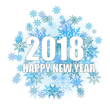 Mutlu yeni yıl tebrik beyaz metin ve beyaz arka plan üzerinde kar parlayan ile kartı. 2018 vektör.