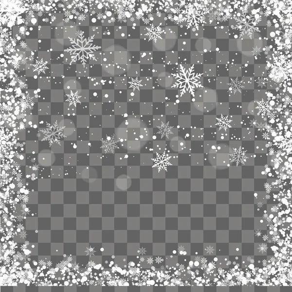 Cadre de Noël avec flocons de neige sur fond transparent. Vecteur — Image vectorielle