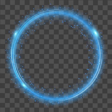 Soyut yuvarlak parlak ışıklar ve şeffaf arka plan üzerinde mavi parıldıyor. Vektör