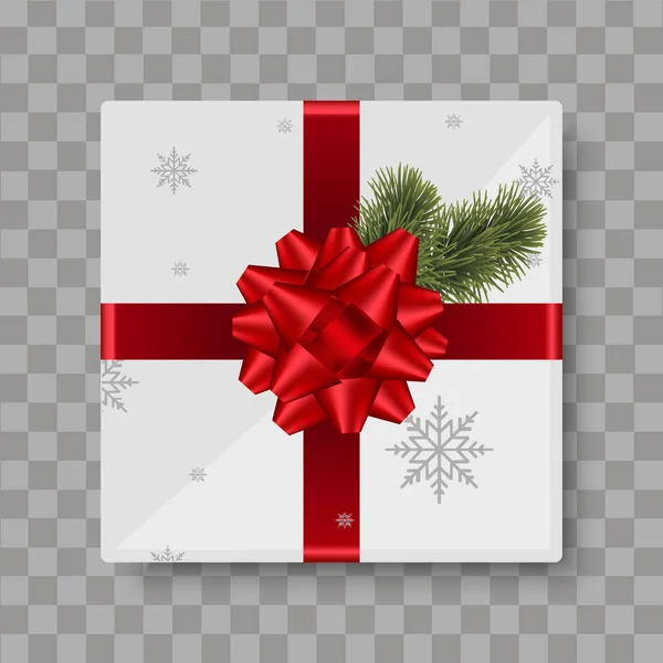 Top view white gift box with red bow and pine. Vector. — Stock Vector