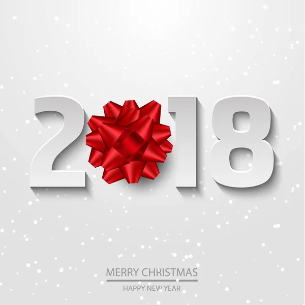 Cartaz de Feliz Ano Novo com texto em papel 2018 e arco sobre fundo nevado branco. Vetor — Vetor de Stock